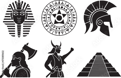 Ancient history icons pharaoh helmet warrior pyramid symbols