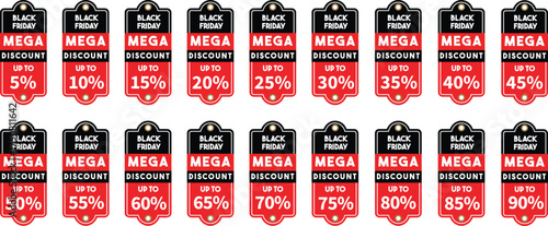 Collection of black friday mega discount tags with percentages from 5 to 90