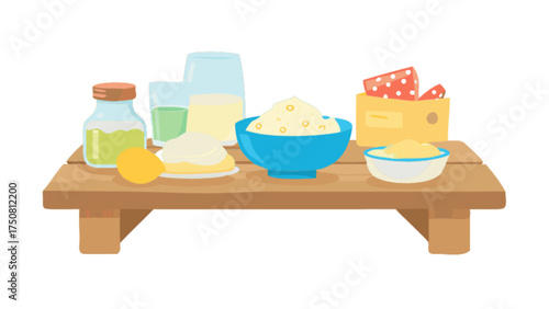 Still life food illustration featuring dairy products and fruit on wooden table top