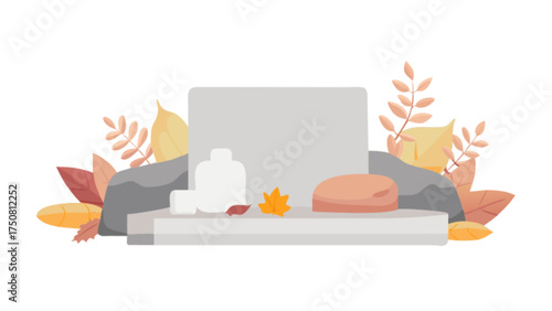 Autumn skincare product display mockup with leaves and stones for cosmetic branding