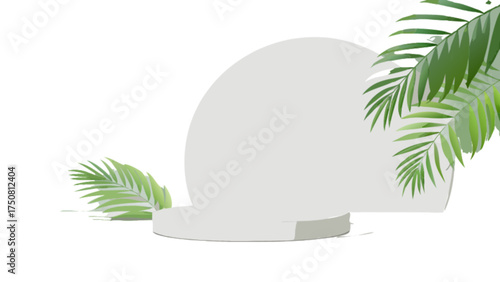 Product display podium with tropical leaves for cosmetic mockup and presentation