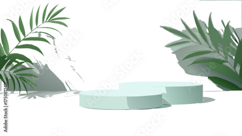 Product display podiums with tropical leaves for cosmetic and skincare presentation