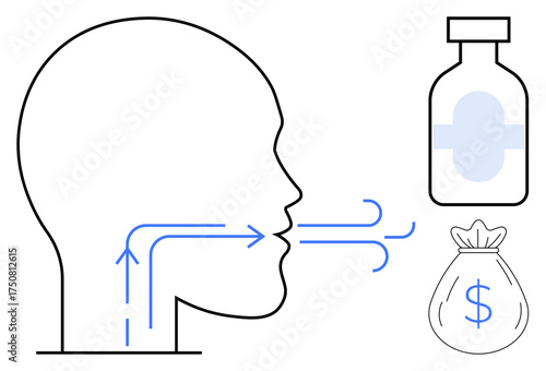 Human profile with airflow arrows, medicine bottle, and money bag illustrating health, treatment cost, medical value, and wellness finance. Ideal for medicine, healthcare, economy and wellness as