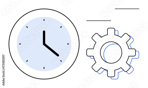 Analog clock beside a mechanical gear, symbolizing timing, productivity, process improvement, and planning. Ideal for workflow, efficiency, scheduling concepts, teamwork strategizing simple flat
