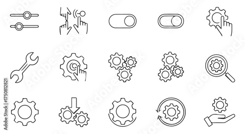 Collection of line art icons for settings and tools isolated on transparent background