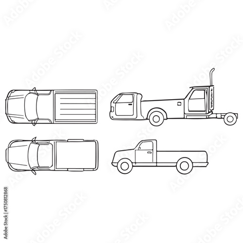 Set of outline vector car, bike, truck vehicles. Top and side view. Vector illustration