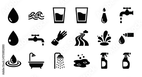 A collection of black and white vector icons representing water, including drops, waves, glasses, faucets, rivers, showers, and cleaning supplies.