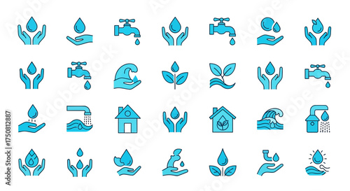 A collection of blue line art icons depicting water conservation, sustainability, and environmental themes, including hands holding water droplets, faucets, plants, and waves.