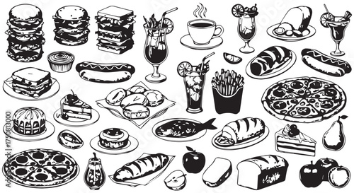 Assortment of food and drink illustrations isolated on transparent background
