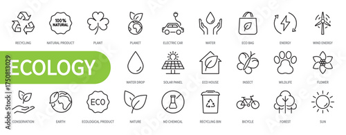 Ecology icon set. Recycling, organic product, electric car, water, eco bag, solar panel, nature, environment, bicycle, forest, earth, planet, wind energy, etc. Editable stroke, vector illustration.