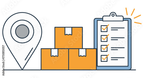 Delivery tracking and logistics management with boxes, map pin, and checklist isolated on transparent background