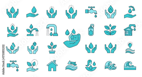 A collection of blue icons representing water conservation, featuring hands holding water drops, faucets, plants, and water waves.