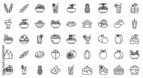 A comprehensive collection of food and drink icons, including meals, fruits, desserts, and beverages, isolated on transparent background