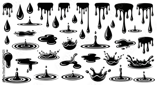 A collection of vector illustrations depicting dripping black liquid, splashes, and puddles, creating a dynamic and fluid design element.