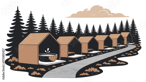 Illustration of cabins in a row with trees and a cloud in the background on a white background