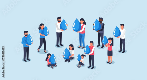 A diverse group of people holding large blue water droplet icons, symbolizing water conservation and environmental awareness.