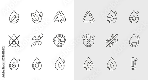 Collection of outlined icons depicting ecology, recycling, water, temperature, and related environmental concepts on a split background.