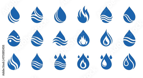 A collection of blue water droplet icons and symbols, some incorporating waves and one featuring flames.