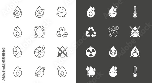 Collection of environmental icons depicting water drops, recycling symbols, temperature gauges, and pollution warnings in a minimalist line art style.