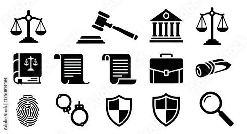 A collection of black and white vector icons representing law, justice, and legal concepts.