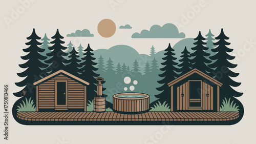A secluded forest retreat with cabins, a hot tub, and a serene mountain backdrop in a minimalist style