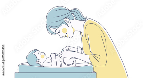 Mother changing babys diaper on changing table isolated on transparent background