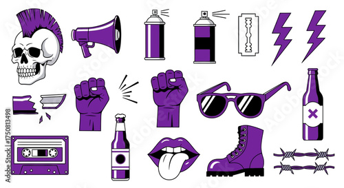 A collection of purple and white punk rock themed illustrations including a skull, megaphone, spray paint, razor, fist, and other rebellious symbols.