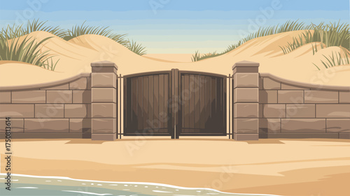 A beach scene with a closed gate in front of sand dunes and a brick wall under a clear blue sky day
