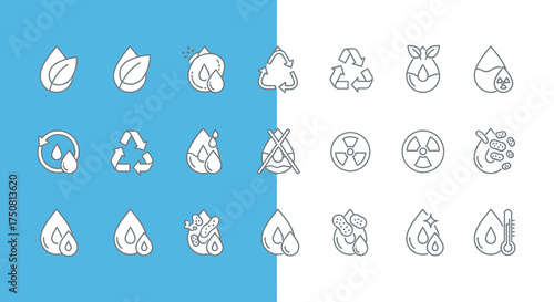 A collection of outlined icons representing environmental themes, including recycling, water, pollution, and plant life, set against a split blue and white background.