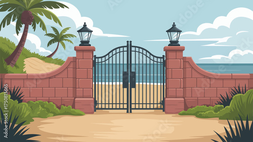 A gate leading to a beach with palm trees and a brick wall under a cloudy blue sky illustration