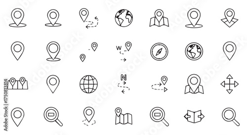 Collection of map and navigation icons isolated on transparent background
