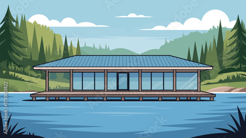 A cartoon illustration of a lake house with a blue roof surrounded by a forest and cloudy sky view