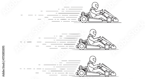 Three gokarts in motion with speed lines isolated on transparent background