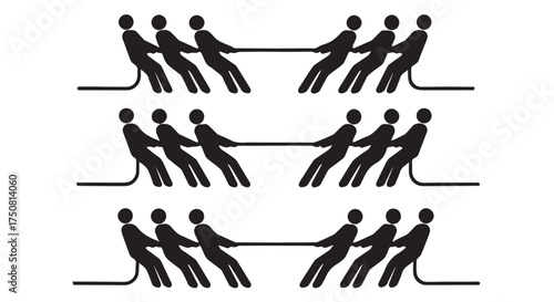 Multiple scenes of teams playing tug of war, isolated on transparent background