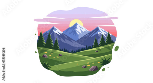 Vibrant mountain landscape illustration showcasing lush meadows and majestic peaks under a pastel