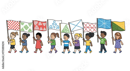 Diverse group of children parading with uniquely patterned flags creating a vibrant display