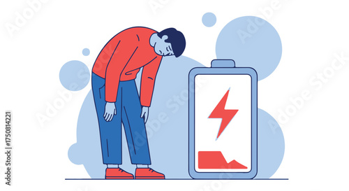 Man with low battery, symbolizing exhaustion and lack of energy isolated on transparent background