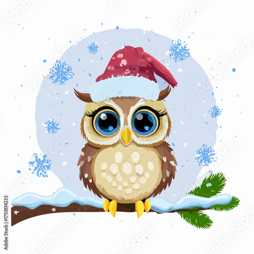 Ein rundes Eulenbaby mit Weihnachtsmütze sitzt auf einem verschneiten Ast