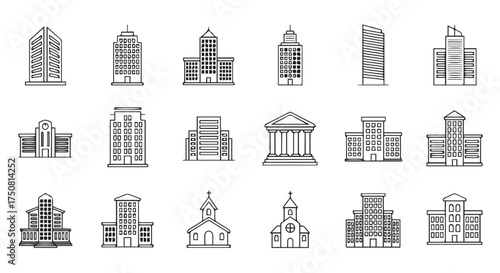 Collection of various building icons, including skyscrapers, government buildings, and churches, isolated on transparent background