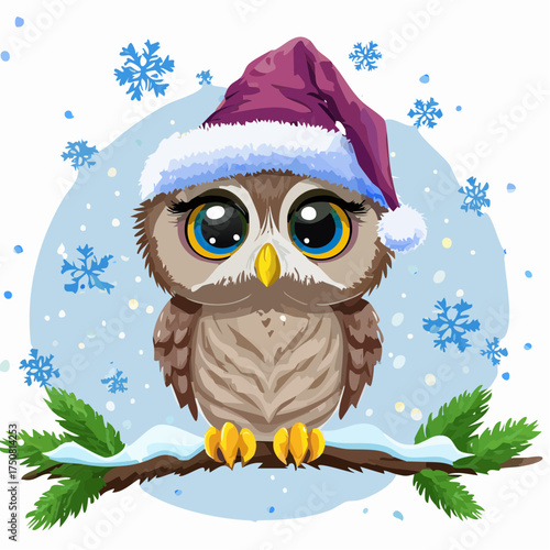 Ein rundes Eulenbaby mit Weihnachtsmütze sitzt auf einem verschneiten Ast