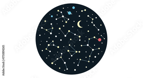 Illustration of constellations with stars, planet, and moon in a circular composition against dark