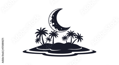 Serene tropical island landscape silhouette with crescent moon and palm trees vector illustration