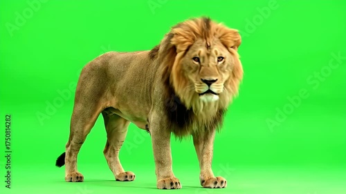Majestic Male Lion with Golden Mane Standing Stately on a Bright Green Chroma Key Background, Facing Forward for Easy Compositing and Visual Effects