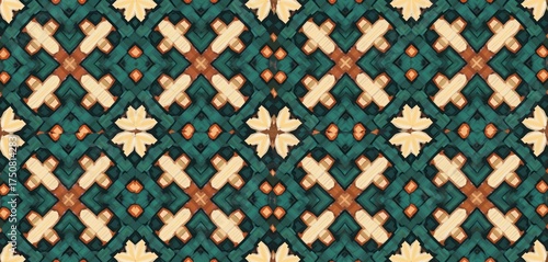 Seamless abstract pattern with interwoven elements, geometric shapes, flowers in green, beige, brown colors. Repeating texture for textile, wallpaper, background. Symmetric ornamental design for