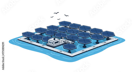 Floating solar farm illustration showcasing sustainable energy generation in an isolated setting