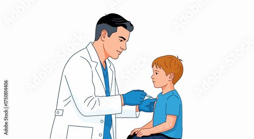 Child receiving vaccination from doctor during checkup in medical clinic illustration