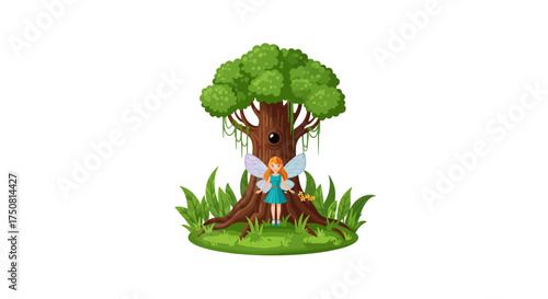 Whimsical woodland scene: A fairy's secret hideaway under the wise old tree
