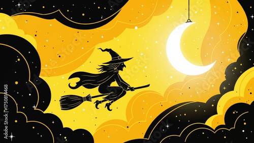 Witch flying on broom, crescent moon, yellow-black background, digital illustration