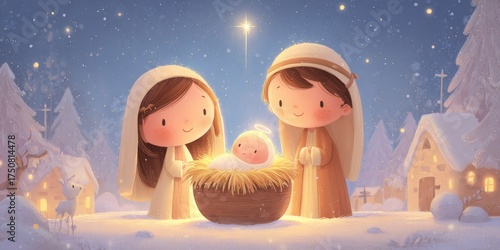 Charming cartoon-style nativity scene featuring baby Jesus, Mary, and Joseph in a snowy village under a shining star, evoking warmth and Christmas joy.