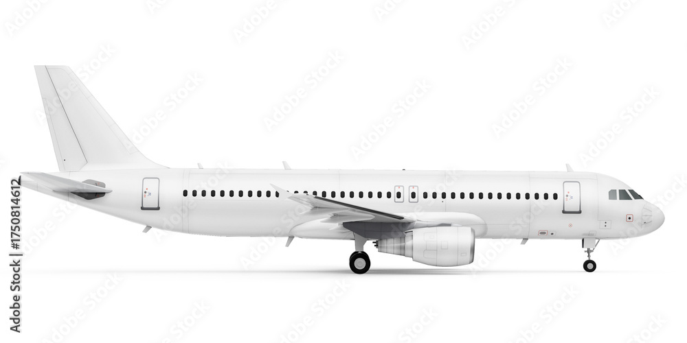 Fototapeta premium Commercial Airplane Side View — Realistic White Jet Aircraft Mockup for Branding and Design Template